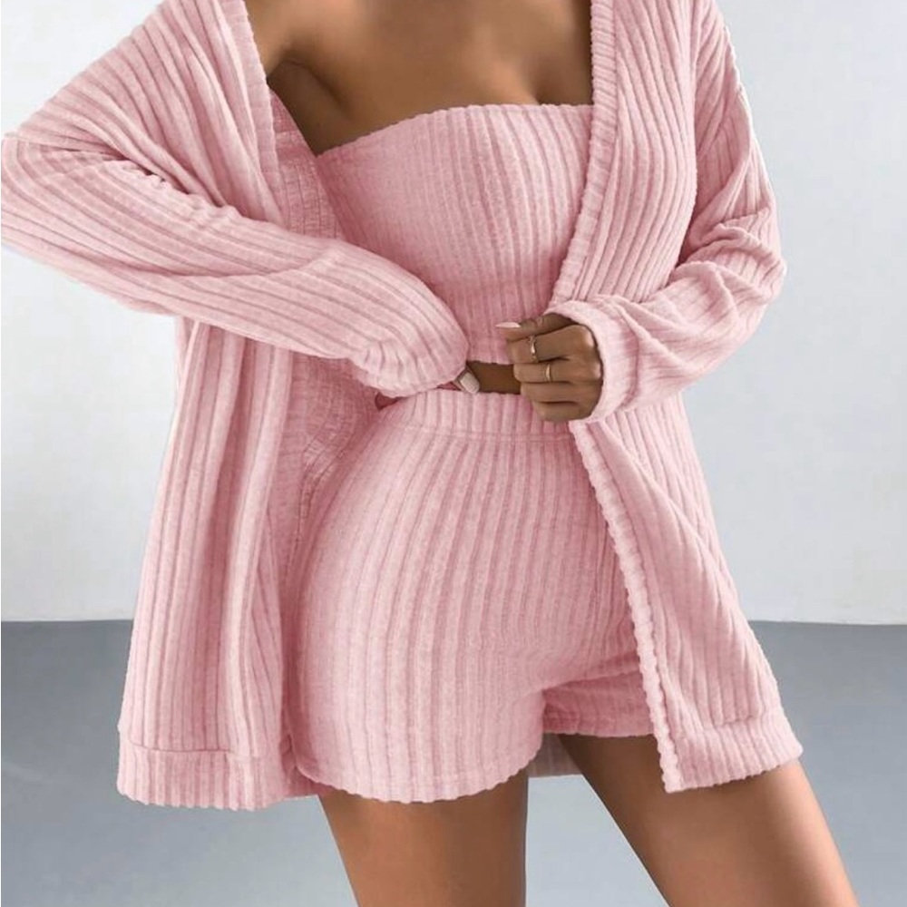 Pink Ribbed Knit Cardigan and Shorts Set